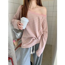 해피유통여름 필수템 스트라이프 오프숄더 루즈핏 티셔츠 여성용 독특한 디자인 섹시한 분위기