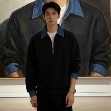 봄 가을 남성 맨투맨 빈티지 패치워크 터틀넥 긴팔티 빅사이즈 남자 반집업 맨투맨티 ZZQ