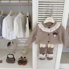 【樂恩童裝】原創設計秋冬女童卡其蘑菇開衫米拼卡其針織褲韓版套