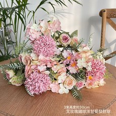 玫瑰繡球花花假花客廳餐桌裝飾擺設塑料花拍照道具套裝仿真花, 1個, (多支買更划算)7叉把束玫瑰繡球香芋色