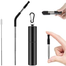 304不鏽鋼環保伸縮吸管，附清潔刷與收納筒，斜口設計, 黑殼銀管套裝【送伸縮刷子】, 1個