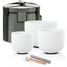 CVNC 432Hz 6인치 세 번째 눈 7인치 뿌리 8인치 F 하트 프로스트 쿼츠 크리스탈 싱잉 볼 차크라 3종 세트 캐리 케이스 백 포함, 6-8 inch, White-ACF