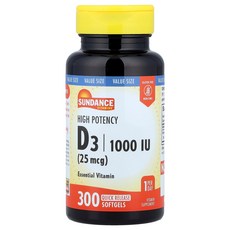 Sundance Vitamins 선댄스비타민 고효능 D3 25mcg 1 000IU 300 퀵 릴리즈 소프트젤 보충제, Sundance Vitamins 선댄스비타민 고함량 D, 1개