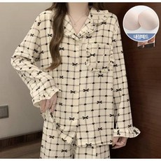 내장패드 리브레 패턴 파자마 상하세트 프릴 브이넥 포켓 긴팔 긴바지 밴딩 면 홈웨어 잠옷 잠옷 수면잠옷 여성잠옷 커플잠옷