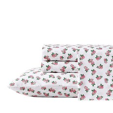 Betsey Johnson - 트윈 침대 시트 면 퍼케일 침구 세트 매칭 베개 커버 산뜻하고 시원함 경량 및 통기성 기숙사 필수품 (작은 장미)