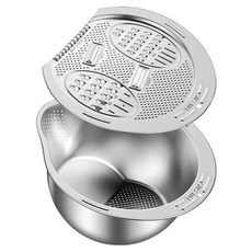 Qiaokao 스테인레스 스틸 쌀 세척 용기 + 야채슬라이서, 1개, 실버