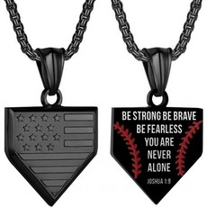 Susook 야구 목걸이 남성용 홈 플레이트 미국 국기 방패 펜던트 스테인리스 스틸 체인 22 2인치 영감 성경 구절 선물 개인화된 애국 보석 Q1602398, Black, BE STRONG BE BRAVE BE FEARLESS, 1개