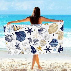 마린 비치 타월 조개 불가사리 프린트 건조성 블루 골드 화이트 요가 여름 휴가용