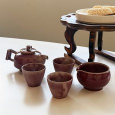 국산 전통도자기 핑크진사 3인 다도 다기세트, 다관1 뚜껑1 숙우1 잔3, 1세트
