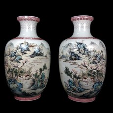 博古珍藏 汪野亭粉彩湖山秋色圖花瓶一對 高40公分 早期收藏老件瓷器