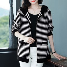 ORZQU 여성 루즈핏 스트라이프 긴팔 후드 집업 점퍼