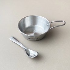 家用寶寶輔食碗304不鏽鋼帶手柄防燙兒童碗韓式飯碗三件套, 1個, 12cm帶把小碗+316 赫赫熊圓手柄勺:無規格