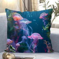 다용도 안락한 소파쿠션 양면 소파 쿠션 솜 포함 세탁가능 고탄력 선물용 안락쿠션 사무실 편의용 안락쿠션 트렌디한 스타일, 해파리-5, 40 x 40CM (솜포함 양면쿠션)