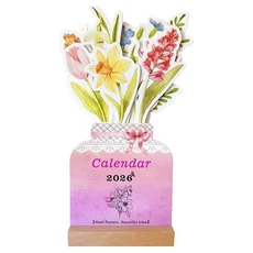 나무 받침대 2026 데스크탑 캘린더 꽃병 모양 분리형 받침대 꽃이 만발한 데스크 캘린더 날짜 표시 꽃 테마, 1개, 04 G-Pink4
