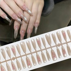 해피유통 샴페인 누드 골드 펄 네일팁 핑크 리본 라인아트 롱 프레스온 30p, 30팁