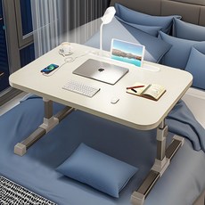 (한정 재고정리)업그레이드버전 접이식 침대 테이블 좌석테이블 노트북책상 침실테이블 거실테이블 높이조절 각도조절 +USB 포트+ 램프 접이식 테이블 높이조절 테이블 리프트업 테이블, 화이트