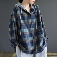 지디오 여성 후드 체크 셔츠 원사이즈 봄 남방 긴팔 버튼 후드티