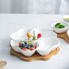 스타일닥터 5구 도자기 공유 접시 과일 간식 스낵 디저트 반찬 가정용 접시, 1개, 모듬 5종 세트+대나무 쟁반