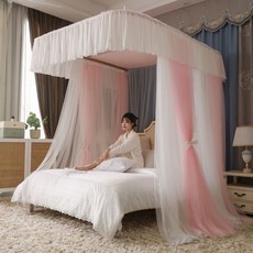 兒童床蚊帳 U型蚊帳 可伸縮 三開加大 雙人蚊帳 防塵遮光蚊帳 雙層u型紋帳, 蝦粉【遮光防塵雙層防蚊帳紗】,1.5米床【合金彎頭/高端烤漆支架】