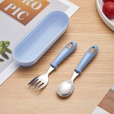 304不鏽鋼兒童叉勺組 寶寶學吃飯訓練餐具組 可愛卡通附收納盒, 1個, 天藍色,勺子