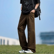 咖啡色純棉寬鬆直筒長褲 男士春秋休閒運動西裝褲