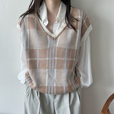 여자 브라운 체크 니트 베스트 조끼 레이어드 V넥