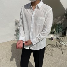 男士夏季涼爽亞麻生物洗滌口袋領棉質基本款長袖襯衫