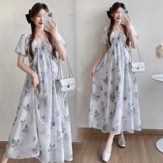 Neirny 임산부 반팔 원피스 여름 냉장고 임부복 브이넥 끈 조임 데일리 쿨링 스판 오버핏 속건 루즈핏 롱 스커트