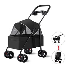 ZHEYE 강아지 고양이 경량 저상형 접이식 유모차 반려동물 개모차, 블랙, 1개