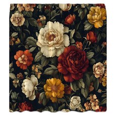 Generic 블랙 플로럴 샤워 커튼 빈티지 보헤미안 다크 플라워 러스틱 블루섬 장미 작약 식물 봄 잎 욕실 장식 후크 포함 너비 177.8cm(70인치) x 높이