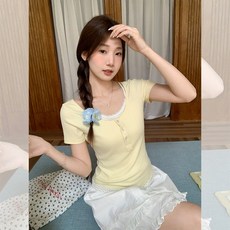 Yellwel 레이어드 플라워 반팔 티셔츠 여성 여름 달콤 슬림 상의 DJP