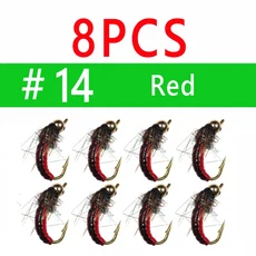 비무 8개 # 12 # 14 황동 구슬 머리 빠른 싱킹 요정 스커드 플라이 버그 웜 송어 낚시 파리 인공 곤충 낚시, 02 8pcs size14 Red