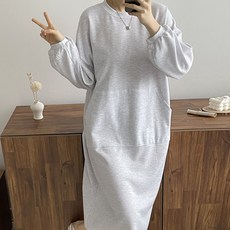 여성 캥거루 포켓 퍼프 소매 임산부 롱드레스 무채색 봄철 원피스