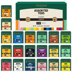 VAHDAM 다양한 차 (20가지 맛있는 품종 개별 포장된 피라미드 티백 40개) 긴 잎 프리미엄 차 I 엄마를 위한 차 선물 세트 | 어머니의 날 선물 I 차 애호가를 위, VAHDAM, 다양한 차 (20가지 맛있는 품종, 개별, 80g