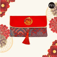 摩達客 春節開運招財綢緞紅包袋 金福字祥雲流蘇橫式紅包袋 高級質感錢包 單入, 1個