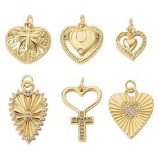 Cheriswelry 6피스 18K 골드 큐빅 지르코니아 하트 펜던트 메탈 댕글 참 발렌타인 데이 12.5-26mm DIY 공예 목걸이 팔찌 귀걸이 주얼리 제작용 159470, 18K 금 도금 E