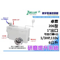 ZOELLER 206型 研磨式汙水提升機 1/ 1/3HP 110V, 1個, 發票-酷澎代開,206型 110V