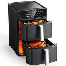듀얼 바스켓 에어 프라이어 10~12인용 12.6QT 패밀리 사이즈 2.7kg6파운드 통닭용 XL 바구니 더블 스택 컴팩트 디자인 재가열 탈수 및 동기화 기능이 있는, 블랙