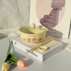 可爱卡通泡面碗带盖陶瓷釉下彩双耳防烫, 1套, 【四件套】奶黃色800ml泡麪碗帶蓋