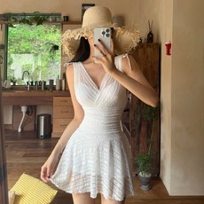 떳다그녀 올비아 시스루 레이스 리본스트랩 원피스수영복 미니원피스 커버업 하이웨스트 원피스모노키니, 화이트