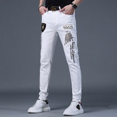 Dooppa Chlore 男式牛仔褲 白色牛仔長褲 白色褲子跨度彈力日期修身版型刺繡刻字男式牛仔褲