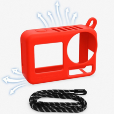 써니라이프 DJI 오즈모 액션5 프로 실리콘 컬러커버케이스+스트랩 액션 카메라 보호 커버 악세사리, 레드