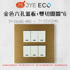 JYE ECO 摩登金六孔蓋板開關組, 1個, 蓋板+白色雙切