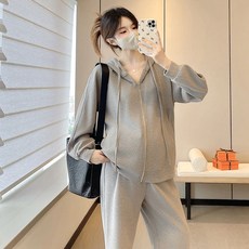 임산부 투피스 바지 세트 봄 가을 캐주얼 니트 후드 집업 세트 널찍한 캐주얼 스타일 JS