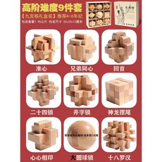 魯班鎖孔明鎖全套兒童益智玩具 小學生成人高難度積木 古典榫卯結構 挑戰智力 環保木材安全無味 鍛煉邏輯思維, 【九宮格禮盒裝】櫸木9件套C, 1個