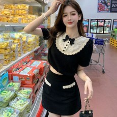 봄여름용 조각 디자인 세트 슬림핏 스커트와 탑 두 가지 아이템 세트 가디건 치마 투피스 반팔 미니스커트 리본 레이스 단추 포켓 하객룩 일상 캐주얼 봄 여름 시즌