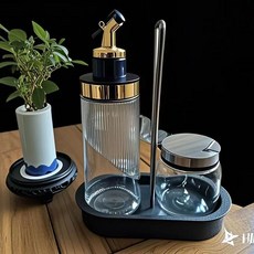 餐廳酒店油壺醬油瓶套裝 商用調料瓶辣椒罐醋瓶玻璃油瓶 附帶架子, 1個, 羅馬金-提手款【一瓶一罐】