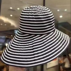 日系可摺疊夏季條紋漁夫帽女新款長防曬帽子時尚盆帽大頭圍太陽帽