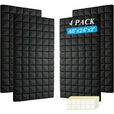 4개의 PCS 음향 패널 48X24X2 벽용 방음 폼 스튜디오 사무실 가정용 고밀도 내화 및 소음 흡수 기능블랙 4팩