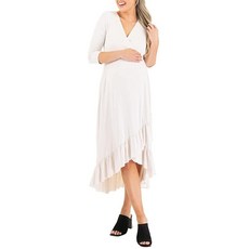 [ 676727 ] 어머니 비 임신복 쇼트 또는 7부 소매 하이 로우 러플 인조 랩 드레스 카키